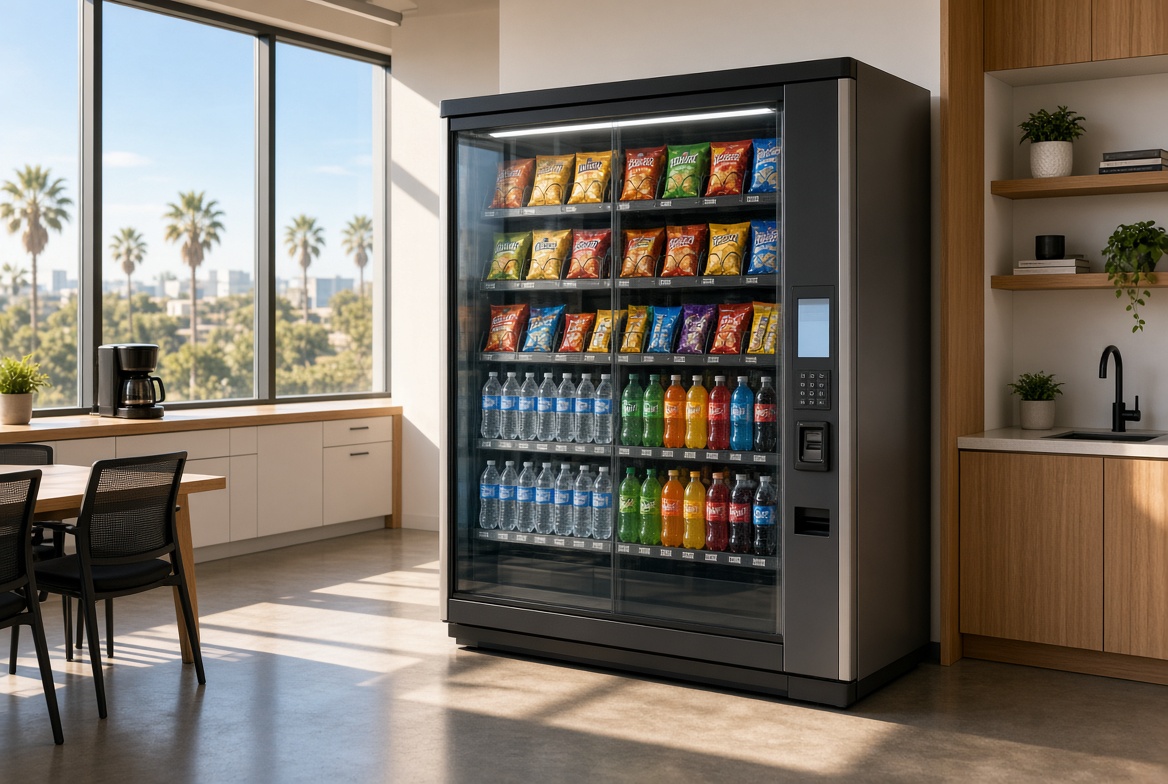 Glass-front snack and drink machine in a bright office break room