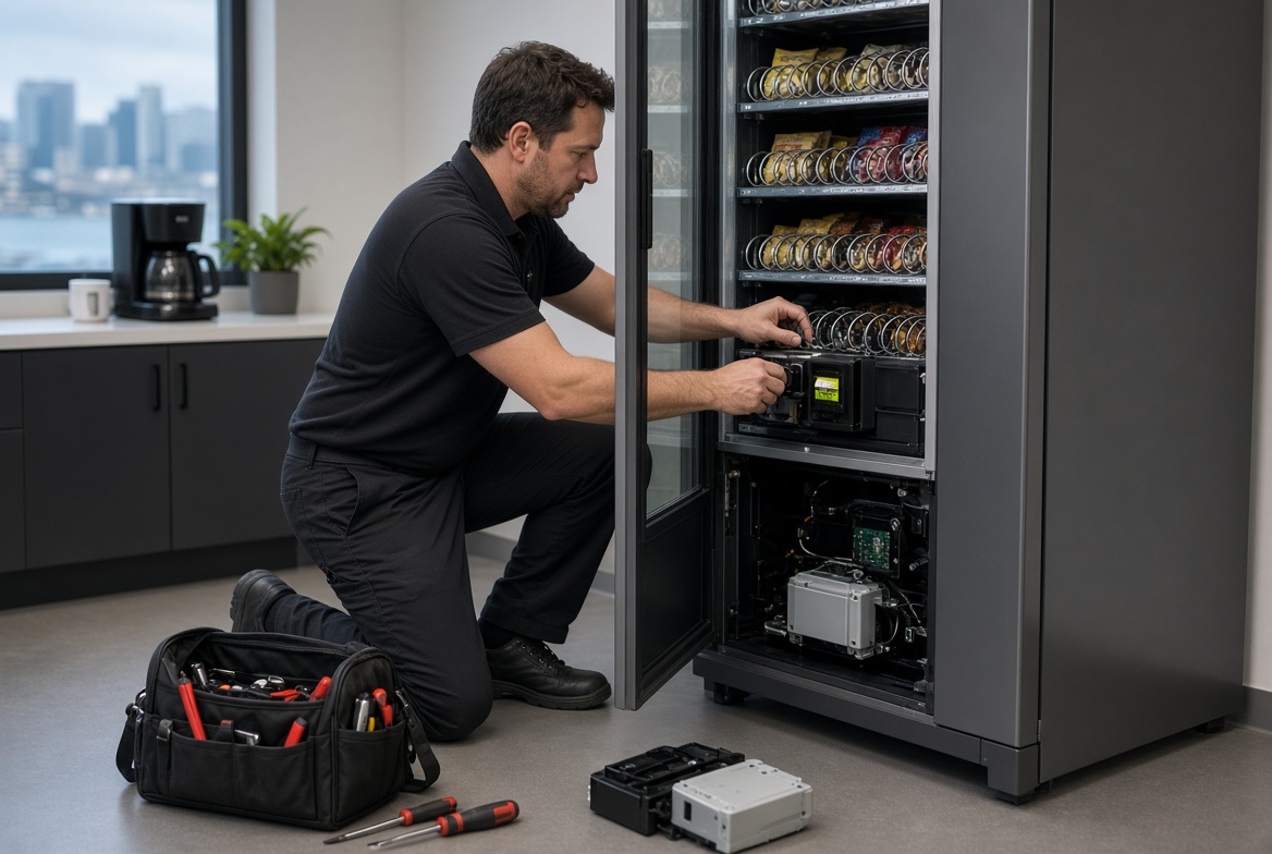 Leo repairing an open vending machine on site