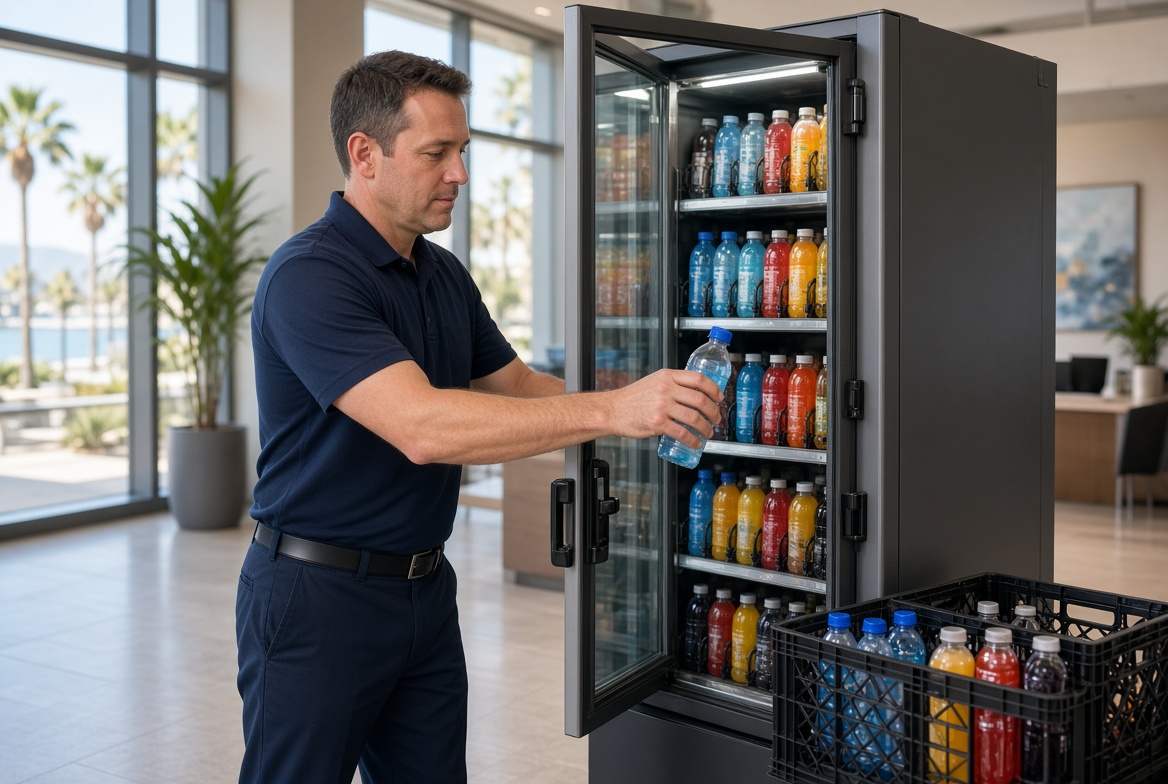 Leo Vending route service stocking a drink machine