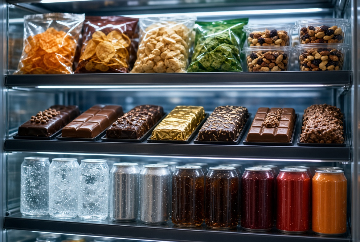 Close-up of stocked snacks and cold drinks